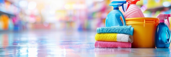 Janitor holding cleaning supplies with blurred background, ready for cleaning tasks
