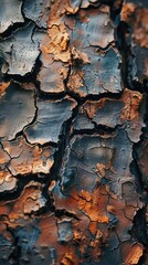 A close up of a cracked and rusted tree.