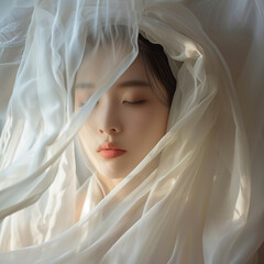 The pure beauty of an Asian woman with a sense of transparency wrapped in delicate light and cloth