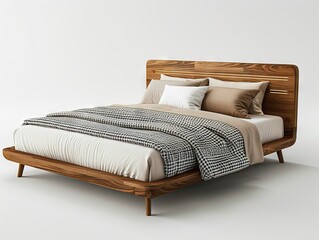 A modern bed with wooden frame and white bedding.