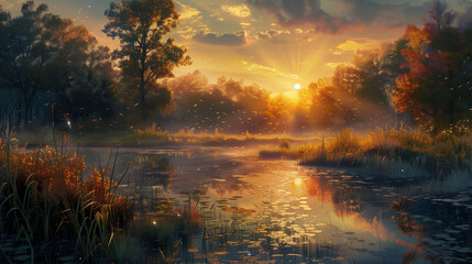 Majestic Sunset Painting Over River