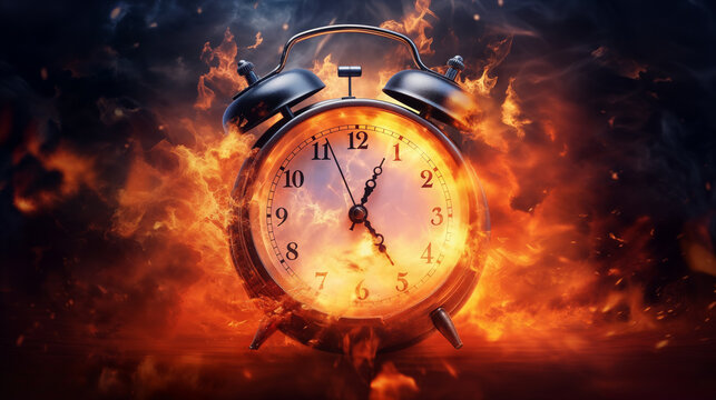 Running after time, alarm clock burning in fire, exploding rush hour, deadline pressure, urgency