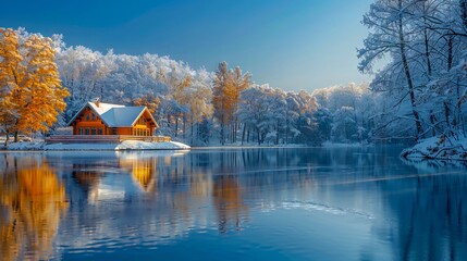 Obraz premium A cabin is surrounded by trees and snow.