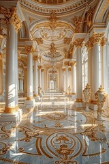 Obraz premium Gold and white pedestal in a royal palace room, luxurious, opulent decorations