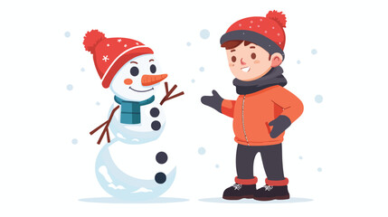 vector boy makes snowman smiling. Flat cartoon isol