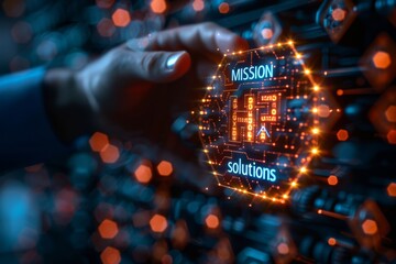 Businessman interacting with futuristic technology showing 'MISSION' and 'solutions' on virtual display