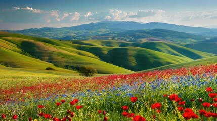 Rolling hills covered in vibrant wildflowers, where a riot of colors stretches as far as the eye can see under the clear blue sky.