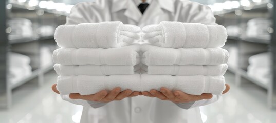 Cheerful laundry worker holding fresh towels in close up view with blurred laundry background