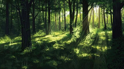 Shadows and light intertwine, creating a symphony of contrast in a secluded forest glade.
