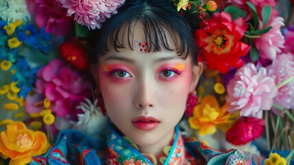 Portrait of an Asian woman wearing traditional clothing, surrounded by flowers