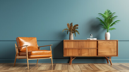 Modern Living Room With Blue Wall and Wooden Sideboard