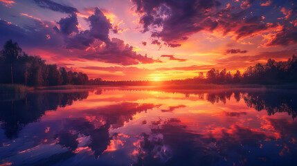 A Fiery Sunset Over Tranquil Waters: An Ethereal Symphony of Colors
