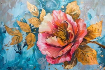 Oil painting with flower rose, gold leaves. Botanic print background on canvas - triptych In Interior, art.