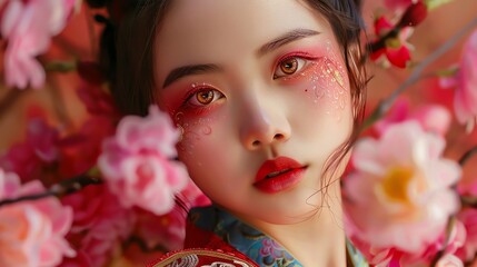 Fototapeta premium Portrait of an Asian woman wearing traditional clothing, surrounded by flowers