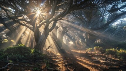 Sunbeams filtering through the branches of ancient trees, casting intricate patterns of light and...