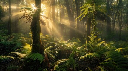 Sunbeams filtering through the dense foliage of an ancient forest, casting a warm glow on the fern-covered forest floor below.