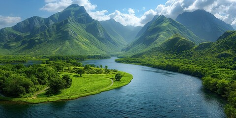 Stunning panoramic view of lush green mountainous landscape with winding river under clear blue sky with fluffy white clouds. - Powered by Adobe