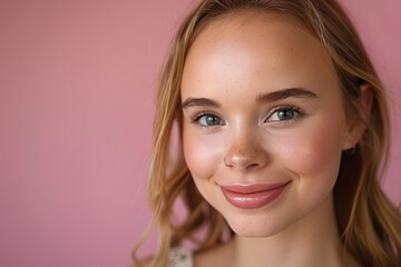 Young blonde woman with wavy hair on gentle background, perfect for creative text placement