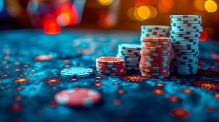 A stack of poker chips on a table.