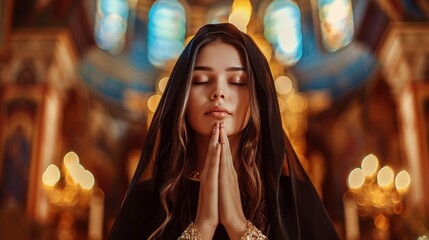 Beautiful caucasian nun in black attire deeply immersed in prayer inside the church