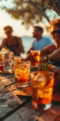 Warm sunset gathering with diverse friends enjoying refreshing drinks on rustic wooden table outdoors near beach, symbolizing summer vacations & joyful moments.