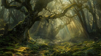 Sunlight filtering through the branches of an ancient forest, casting intricate patterns of light...