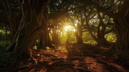 Sunlight filtering through the branches of an ancient forest, casting intricate patterns of light...