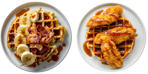 Set of Belgian waffles on the white plate. Isolated with Transparent background. Belgian food for menu, restaurants.
