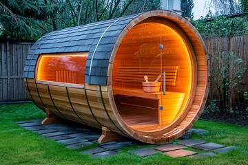 Wooden barrel sauna in garden yard with copy space, blurred background for text placement
