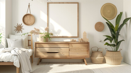 White Bedroom With Wooden Dresser and Plants