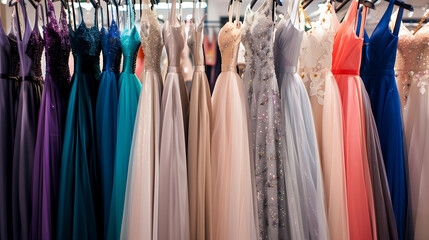 Elegant Evening Gowns in a Variety of Colors on Display in a Fashion Boutique, Showcasing Sophisticated Designs and Luxurious Fabrics