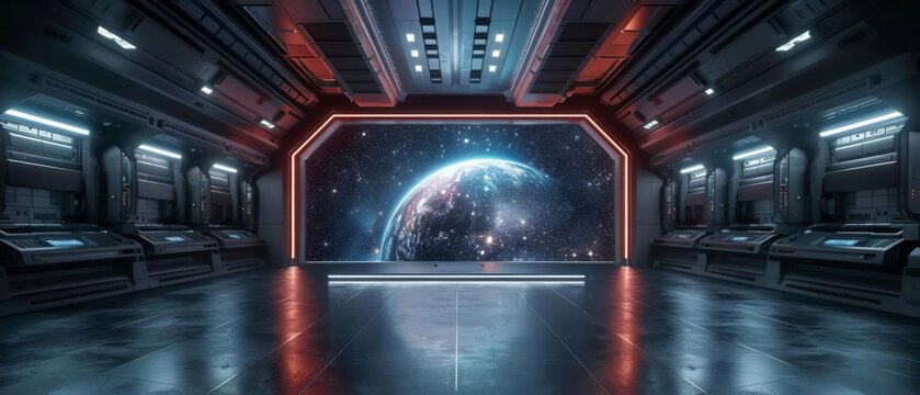 The image shows a futuristic spaceship hangar with a large window looking out into space.