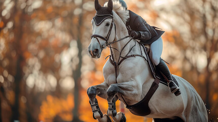 A sport white horse jumping over obstacles at international competitions shot on Canon.