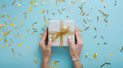 Hands Holding a Wrapped Gift Box with a Golden Bow on a Blue Background, Surrounded by Sparkling Gold Confetti, Perfect for Celebrations