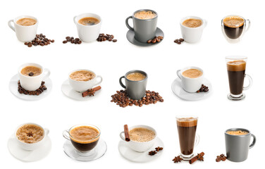 Set of delicious espresso on white background
