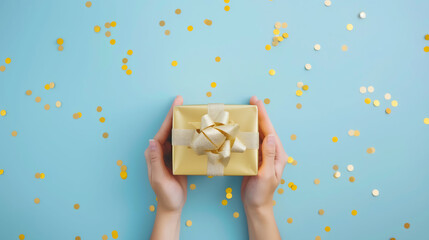 Hands Holding a Wrapped Gift Box with a Golden Bow on a Blue Background, Surrounded by Sparkling Gold Confetti, Perfect for Celebrations