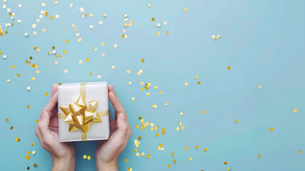 Hands Holding a Wrapped Gift Box with a Golden Bow on a Blue Background, Surrounded by Sparkling Gold Confetti, Perfect for Celebrations