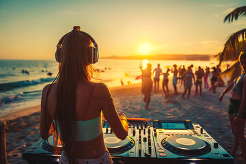 Female DJ with Headphones Mixing Music at a Vibrant Sunset Beach Party, Creating an Electrifying Atmosphere with a Stunning Ocean View