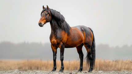 an image of a beautiful wild horse with a beautiful posture, standing in a field, beautiful landscape