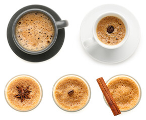 Set of delicious espresso on white background, top view