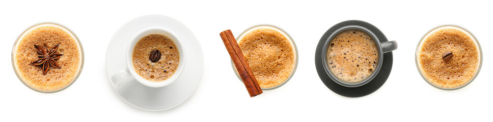 Set of delicious espresso on white background, top view
