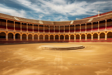 Majestic Empty Bullring Under a Dramatic Sky, Showcasing Architectural Grandeur and Historical Significance of the Cultural Landmark