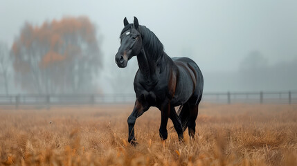 an image of a beautiful wild horse with a beautiful posture, standing in a field, beautiful landscape.