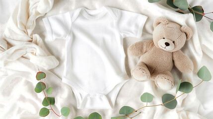 Cozy White Baby Onesie with a Plush Teddy Bear and Greenery, Arranged on a Soft Blanket for a Heartwarming and Adorable Display