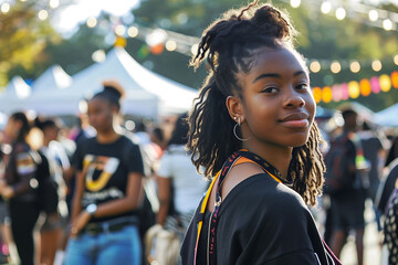 Confident Young Woman with Glasses and Dreadlocks Enjoying an Outdoor Cultural Event, Surrounded by a Diverse Crowd