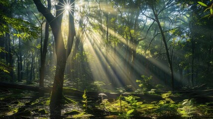 Sunlight streaming through the branches of a dense forest, casting intricate patterns of light and...