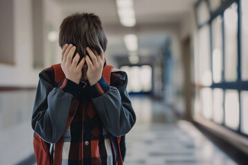 A Sad Child Standing Alone in a School Hallway, Covering Their Face with Their Hands, Expressing Emotions of Distress and Isolation