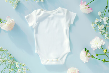Flat Lay of a White Baby Onesie Surrounded by Delicate Flowers on a Soft Blue Background, Perfect for Baby Announcements or Showers