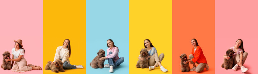 Set of young girl with funny dog on color background