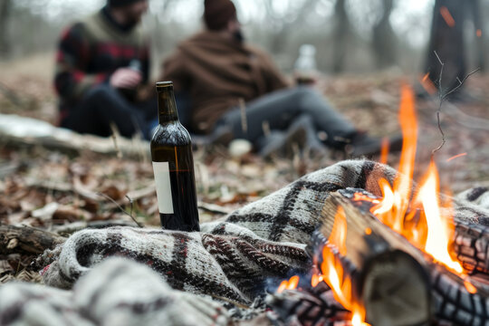 Pals gathered around a crackling bonfire in the woods, wrapped in blankets and sharing bottles of wine. Concept of intimacy and camaraderie. Generative Ai.
